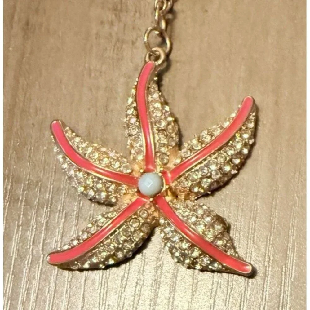Starfish Enamel Pendant Rhinestone and Beaded Necklace Salmon 35”